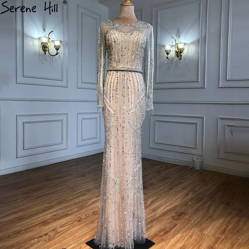 Silber Muslimischen Luxus Abendkleider Kleider 2025 Meerjungfrau Perlen Quaste Elegante Für Frau Party LA71166 