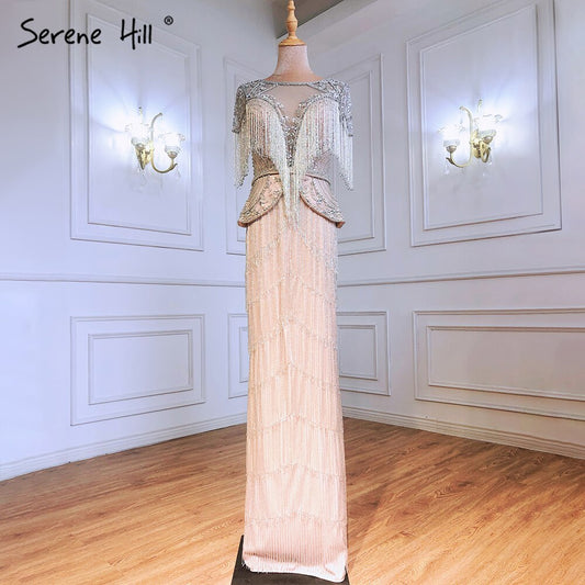 Silber Nude Cap Sleeves Abendkleider Kleider 2025 Meerjungfrau Perlen Luxus Elegante Für Frau Party LA71296 