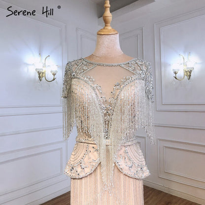 Silber Nude Cap Sleeves Abendkleider Kleider 2025 Meerjungfrau Perlen Luxus Elegante Für Frau Party LA71296 