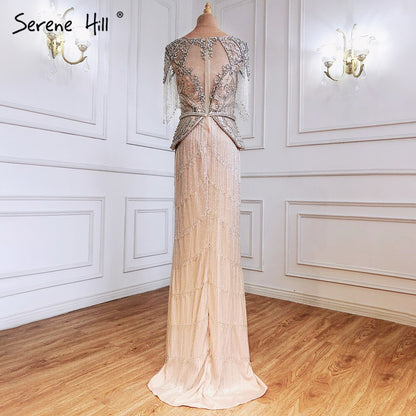 Silber Nude Cap Sleeves Abendkleider Kleider 2025 Meerjungfrau Perlen Luxus Elegante Für Frau Party LA71296 