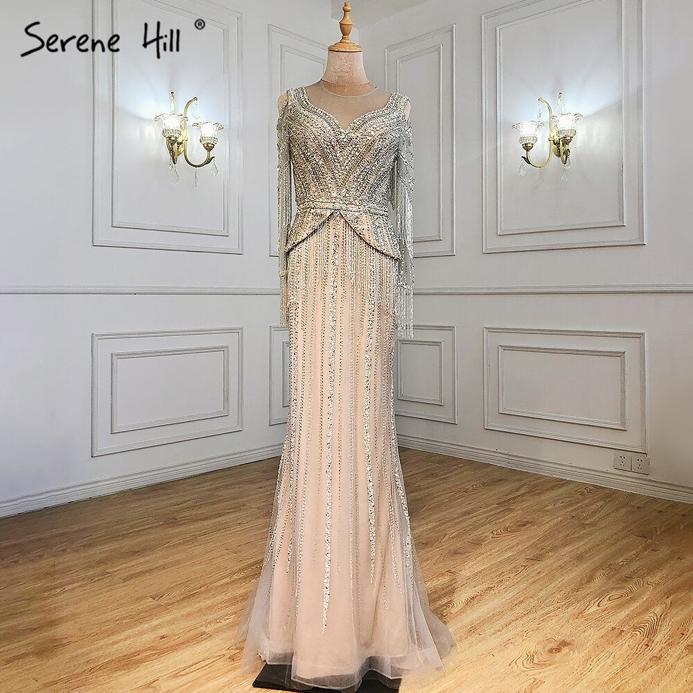 Silver Nude Luxury Elegnat Evening Dresses Gowns 2025 Mermaid Beaded Tassel For Woman Party LA71295
