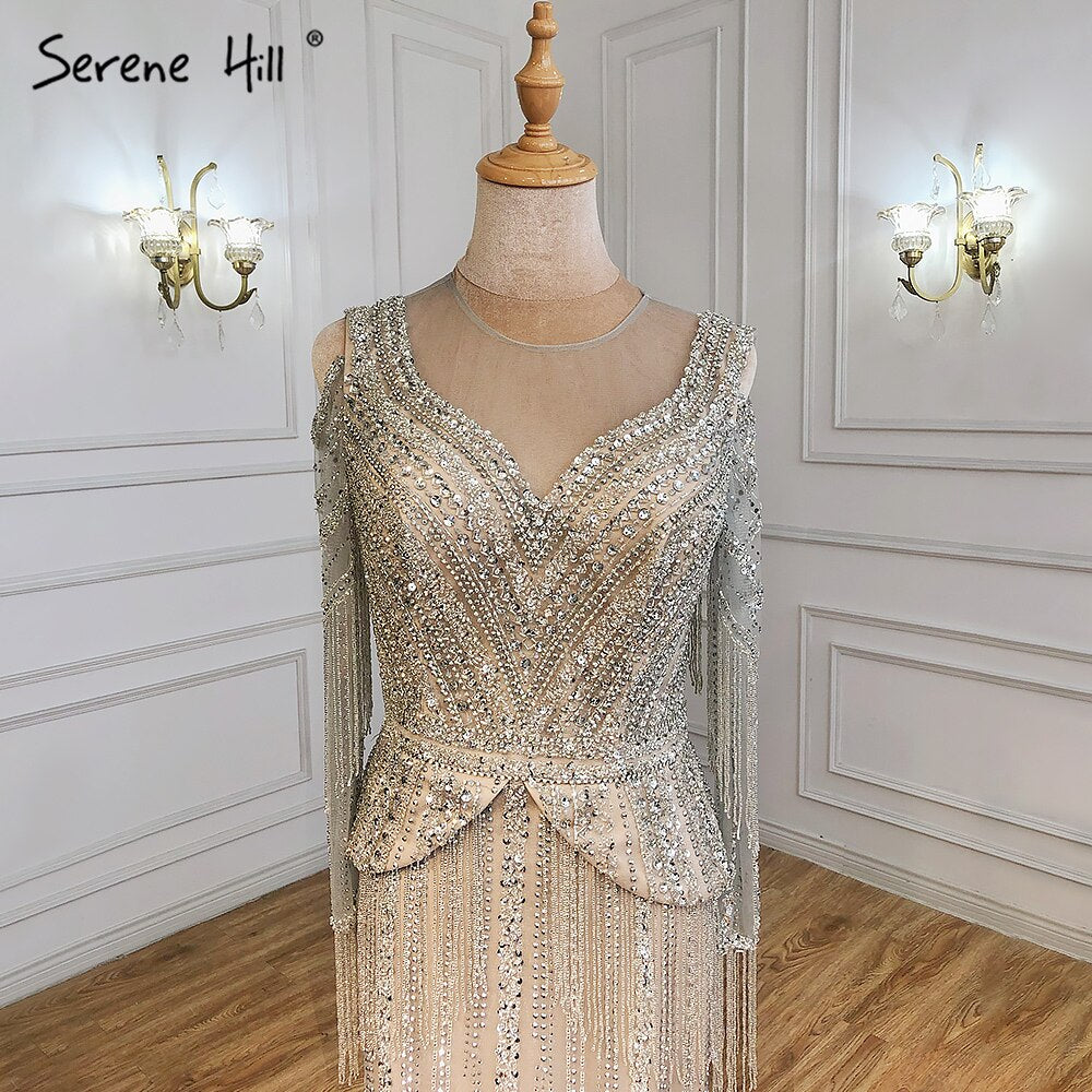 Silver Nude Luxury Elegnat Evening Dresses Gowns 2025 Mermaid Beaded Tassel For Woman Party LA71295