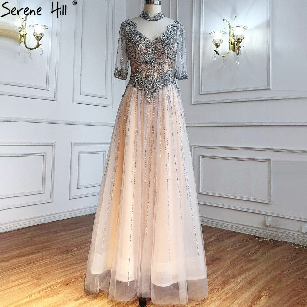 Vestidos de noche de lujo color nude plateados, 2025, con cuentas, corte A, sexys, para mujer, para fiesta de boda LA71186 