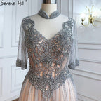 Vestidos de noche de lujo color nude plateados, 2025, con cuentas, corte A, sexys, para mujer, para fiesta de boda LA71186 