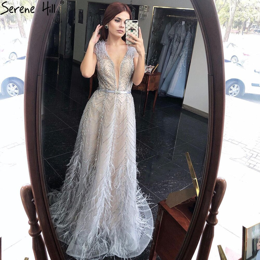 Vestidos de noche de lujo color nude plateados, 2025, con plumas y abalorios, corte en A, sexys, para mujer, para fiesta, LA70835 