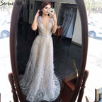 Vestidos de noche de lujo color nude plateados, 2025, con plumas y abalorios, corte en A, sexys, para mujer, para fiesta, LA70835 