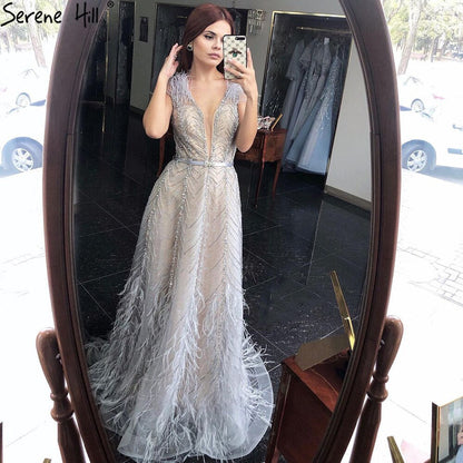 Silber Nude Luxus Abendkleider Kleider 2025 Federn Perlen Sexy A-Linie Für Frauen Party LA70835 