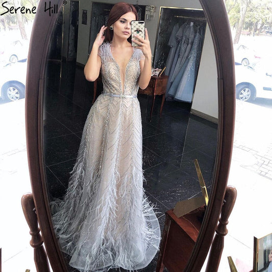 Silber Nude Luxus Abendkleider Kleider 2025 Federn Perlen Sexy A-Linie Für Frauen Party LA70835 