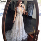 Vestidos de noche de lujo color nude plateados, 2025, con plumas y abalorios, corte en A, sexys, para mujer, para fiesta, LA70835 