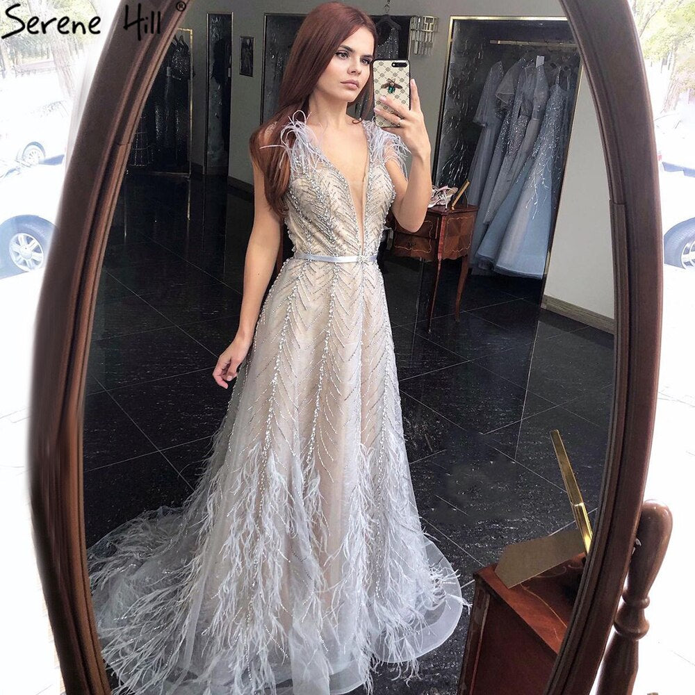 Silber Nude Luxus Abendkleider Kleider 2025 Federn Perlen Sexy A-Linie Für Frauen Party LA70835 
