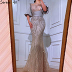 Silber Nude Luxus Meerjungfrau Perlen Abendkleider Kleider Puffärmeln Elegant Für Frauen Party LA70809 