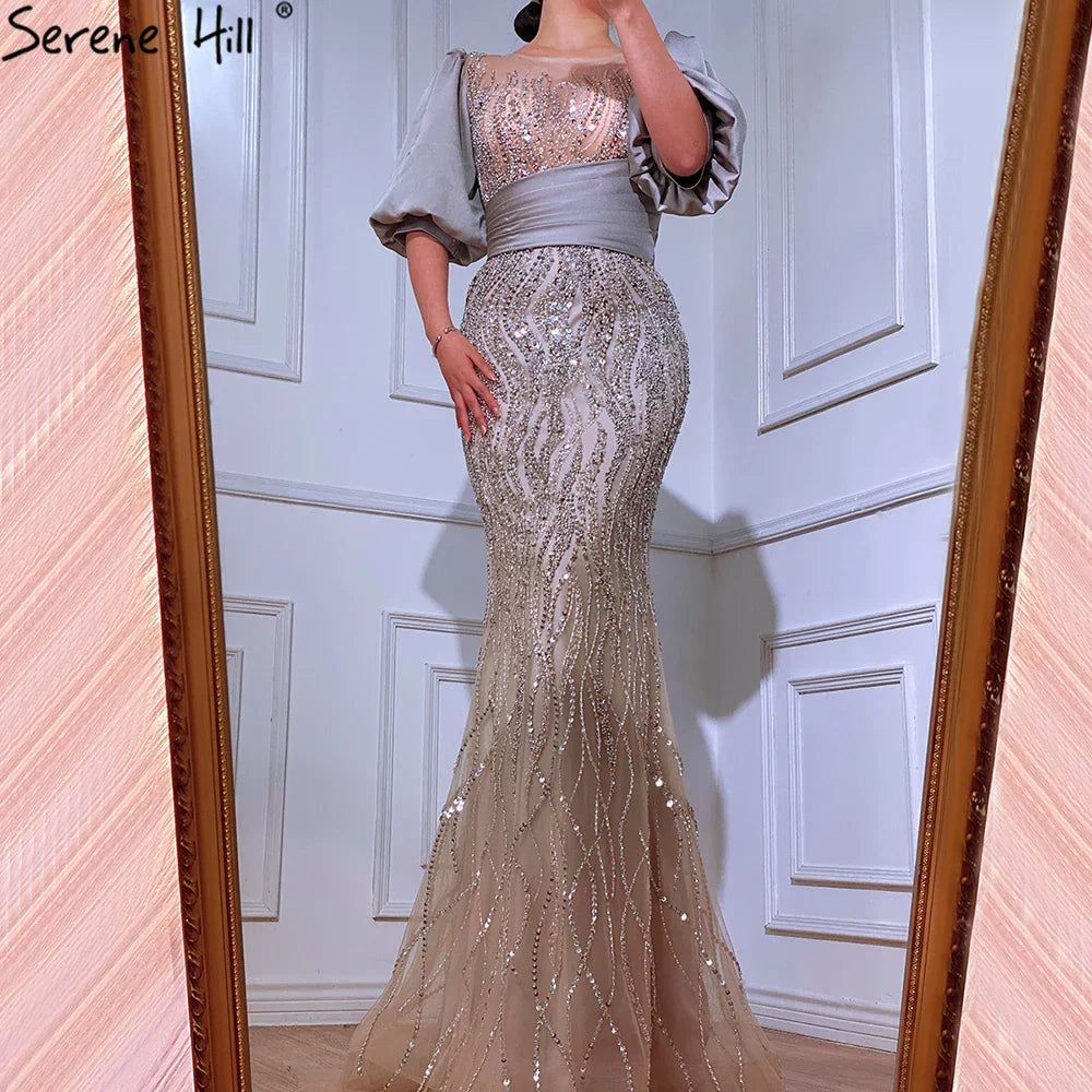 Silber Nude Luxus Meerjungfrau Perlen Abendkleider Kleider Puffärmeln Elegant Für Frauen Party LA70809 