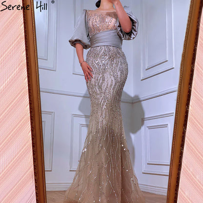 Silber Nude Luxus Meerjungfrau Perlen Abendkleider Kleider Puffärmeln Elegant Für Frauen Party LA70809 