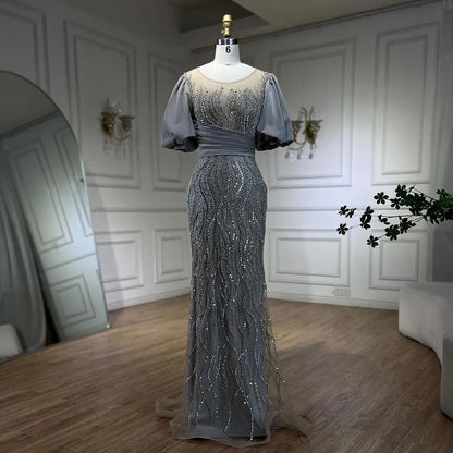 Silber Nude Luxus Meerjungfrau Perlen Abendkleider Kleider Puffärmeln Elegant Für Frauen Party LA70809 