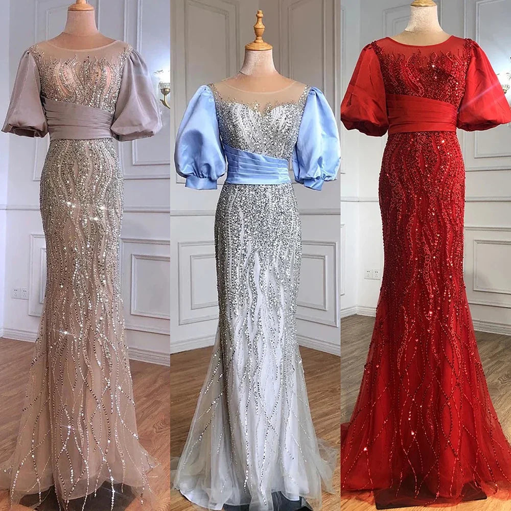 Silber Nude Luxus Meerjungfrau Perlen Abendkleider Kleider Puffärmeln Elegant Für Frauen Party LA70809 