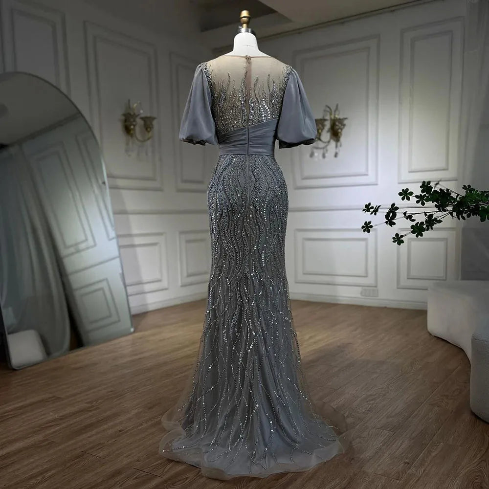 Silber Nude Luxus Meerjungfrau Perlen Abendkleider Kleider Puffärmeln Elegant Für Frauen Party LA70809 