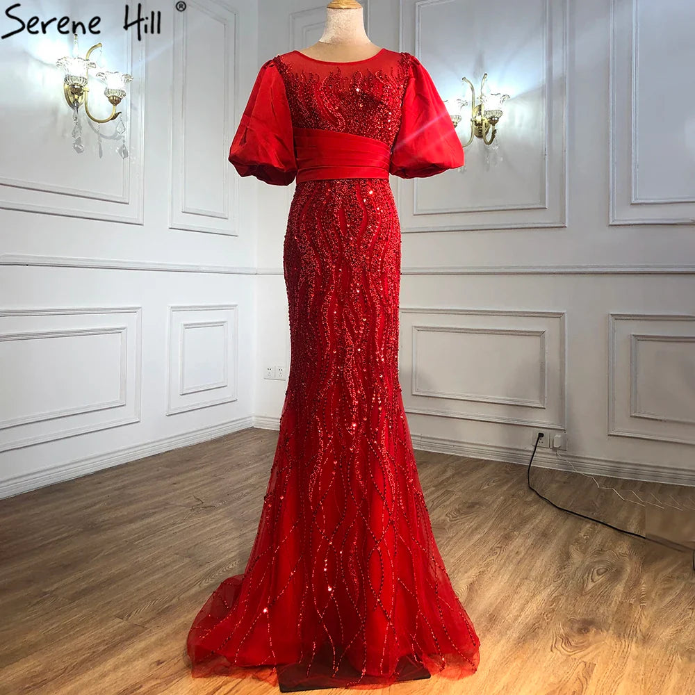 Silber Nude Luxus Meerjungfrau Perlen Abendkleider Kleider Puffärmeln Elegant Für Frauen Party LA70809 