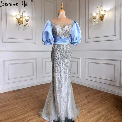 Silber Nude Luxus Meerjungfrau Perlen Abendkleider Kleider Puffärmeln Elegant Für Frauen Party LA70809 