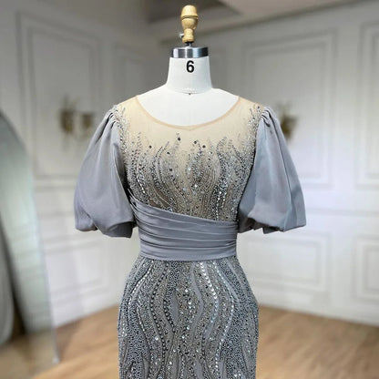 Silber Nude Luxus Meerjungfrau Perlen Abendkleider Kleider Puffärmeln Elegant Für Frauen Party LA70809 
