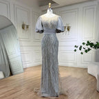 Silber Nude Luxus Meerjungfrau Perlen Abendkleider Kleider Puffärmeln Elegant Für Frauen Party LA70809 