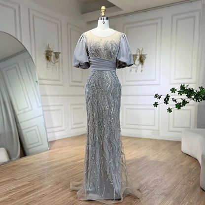 Silber Nude Luxus Meerjungfrau Perlen Abendkleider Kleider Puffärmeln Elegant Für Frauen Party LA70809 
