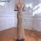 Silber Nude Luxus Meerjungfrau Perlen Abendkleider Kleider Puffärmeln Elegant Für Frauen Party LA70809 