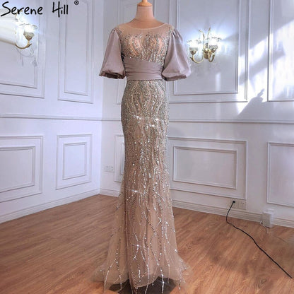 Silber Nude Luxus Meerjungfrau Perlen Abendkleider Kleider Puffärmeln Elegant Für Frauen Party LA70809 
