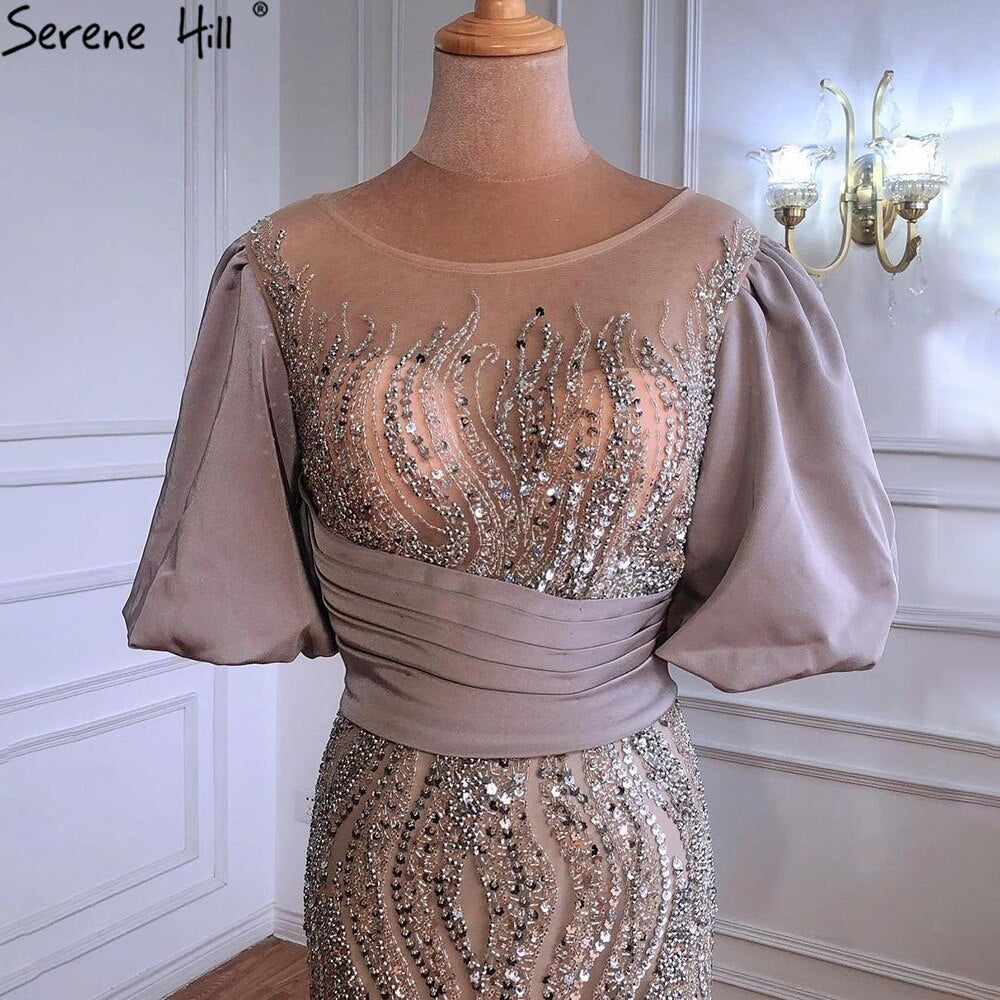 Silber Nude Luxus Meerjungfrau Perlen Abendkleider Kleider Puffärmeln Elegant Für Frauen Party LA70809 