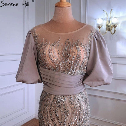 Silber Nude Luxus Meerjungfrau Perlen Abendkleider Kleider Puffärmeln Elegant Für Frauen Party LA70809 