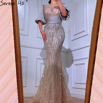 Silber Nude Luxus Meerjungfrau Perlen Abendkleider Kleider Puffärmeln Elegant Für Frauen Party LA70809 