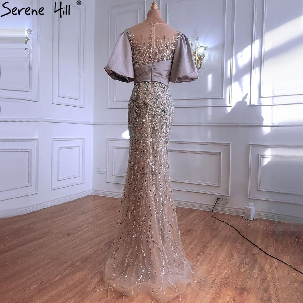 Silber Nude Luxus Meerjungfrau Perlen Abendkleider Kleider Puffärmeln Elegant Für Frauen Party LA70809 