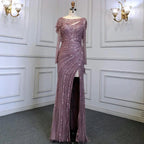 Vestido de noche elegante de sirena color plata nude con abertura alta y cuentas de lujo 2025 para mujer, fiesta LA70752L 