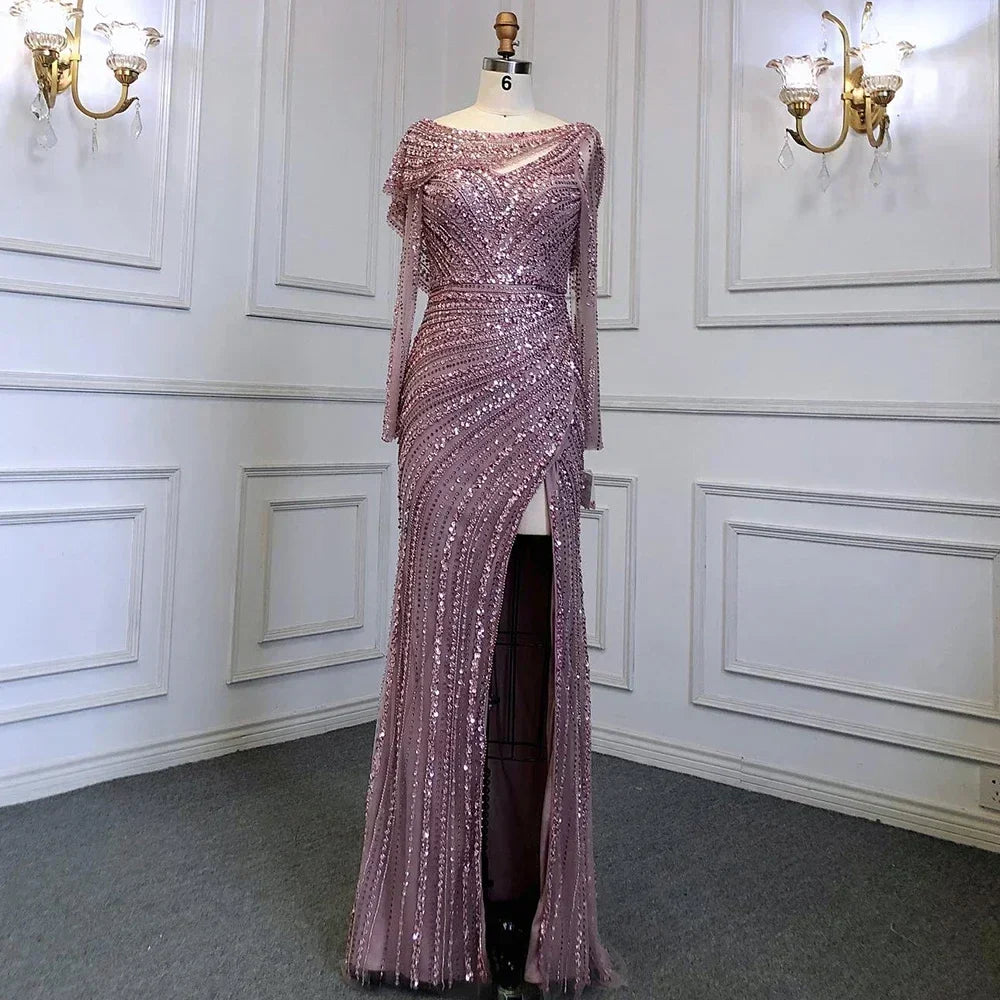 Silber Nude Mermaid Elegante High Spli Abendkleider Kleider Luxus Perlen 2025 Für Frauen Party LA70752L 