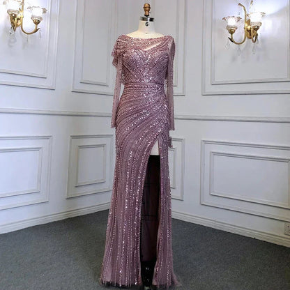 Silber Nude Mermaid Elegante High Spli Abendkleider Kleider Luxus Perlen 2025 Für Frauen Party LA70752L 