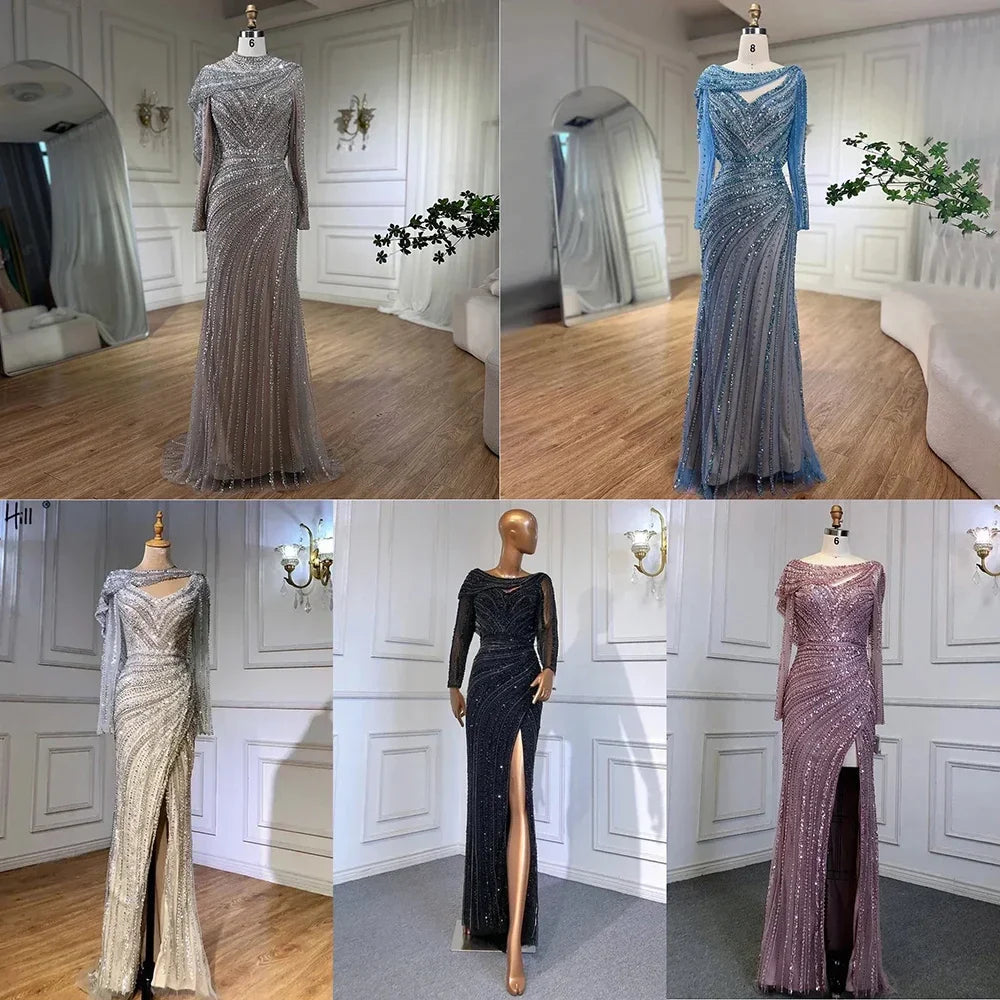 Vestido de noche elegante de sirena color plata nude con abertura alta y cuentas de lujo 2025 para mujer, fiesta LA70752L 