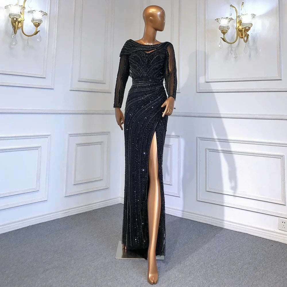 Vestido de noche elegante de sirena color plata nude con abertura alta y cuentas de lujo 2025 para mujer, fiesta LA70752L 