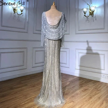 Silber Nude Mermaid Elegante High Spli Abendkleider Kleider Luxus Perlen 2025 Für Frauen Party LA70752L 