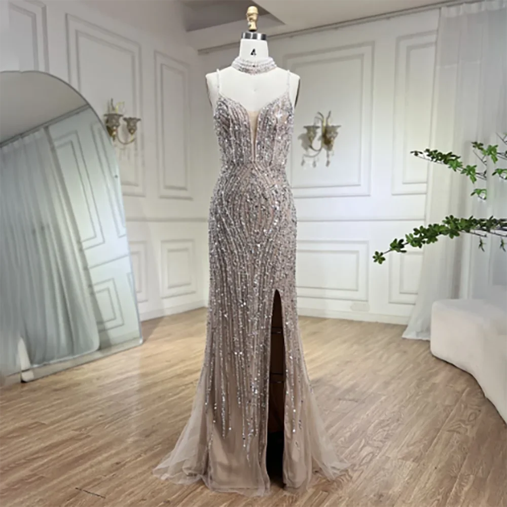 Silber Nude Meerjungfrau Spaghetti mit geteiltem Riemen Perlen Abendkleider Ballkleider Für Frau Party 2025 LA72047B 