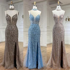 Silver Nude Mermaid Spaghetti with split Strap Beaded Evening Dresses Prom Gowns For Woman Party 2025 LA72047B
