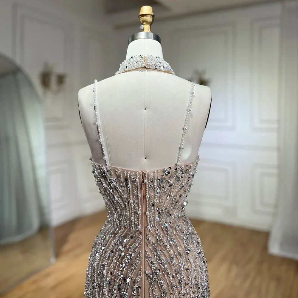 Silver Nude Mermaid Spaghetti with split Strap Beaded Evening Dresses Prom Gowns For Woman Party 2025 LA72047B