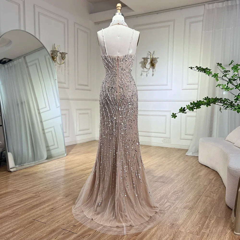 Silber Nude Meerjungfrau Spaghetti mit geteiltem Riemen Perlen Abendkleider Ballkleider Für Frau Party 2025 LA72047B 