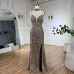 Silver Nude Mermaid Spaghetti with split Strap Beaded Evening Dresses Prom Gowns For Woman Party 2025 LA72047B