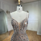 Silver Nude Mermaid Spaghetti with split Strap Beaded Evening Dresses Prom Gowns For Woman Party 2025 LA72047B