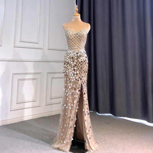 Silber Nude Spaghetti Strap Luxus Abendkleider Kleider 2025 Meerjungfrau Pailletten Perlen Elegante Für Frauen Party LA71666 