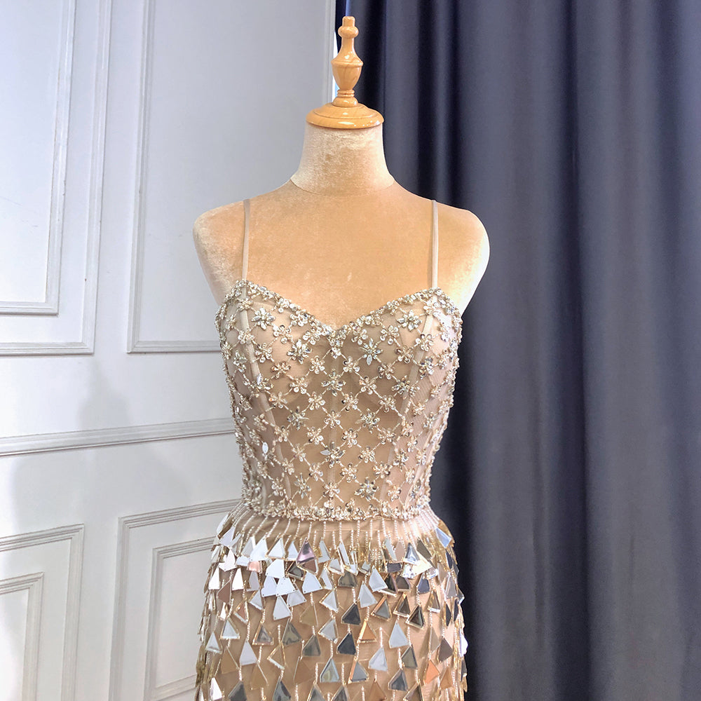 Silber Nude Spaghetti Strap Luxus Abendkleider Kleider 2025 Meerjungfrau Pailletten Perlen Elegante Für Frauen Party LA71666 