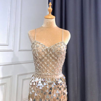 Silber Nude Spaghetti Strap Luxus Abendkleider Kleider 2025 Meerjungfrau Pailletten Perlen Elegante Für Frauen Party LA71666 