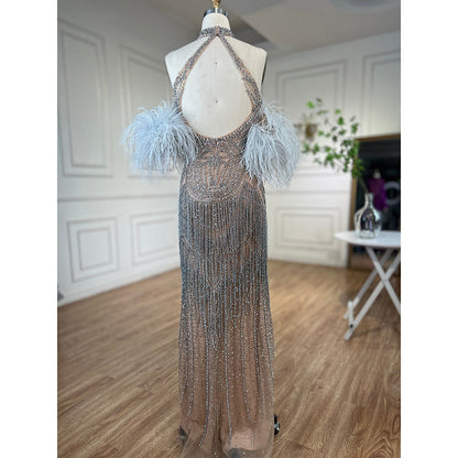 Silber Nude Trägerlose Meerjungfrau Offene Split Sexy Abendkleider Luxus Perlen Quaste Party Kleider Für Frauen LA72083