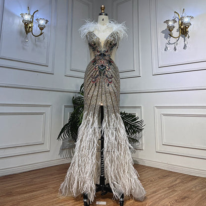 Silber Sexy High Split Tiefe Meerjungfrau Luxus Feder Perlen Abendkleider Kleider Für Frauen Hochzeit Party 2025 LA72011 