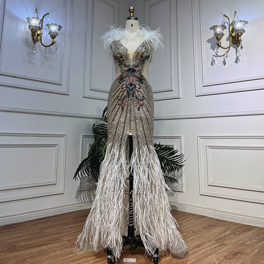 Silber Sexy High Split Tiefe Meerjungfrau Luxus Feder Perlen Abendkleider Kleider Für Frauen Hochzeit Party 2025 LA72011 