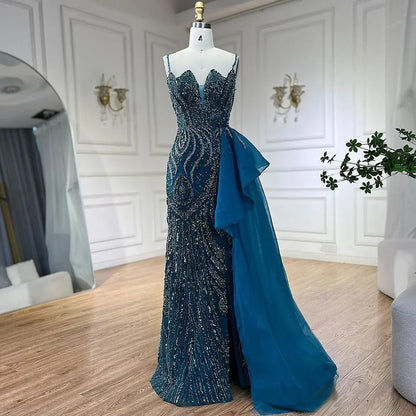 Himmelblau Spaghetti Strap Luxus Abendkleider Kleider 2025 Meerjungfrau Perlen Elegante Überrock Für Frauen Party LA72378 